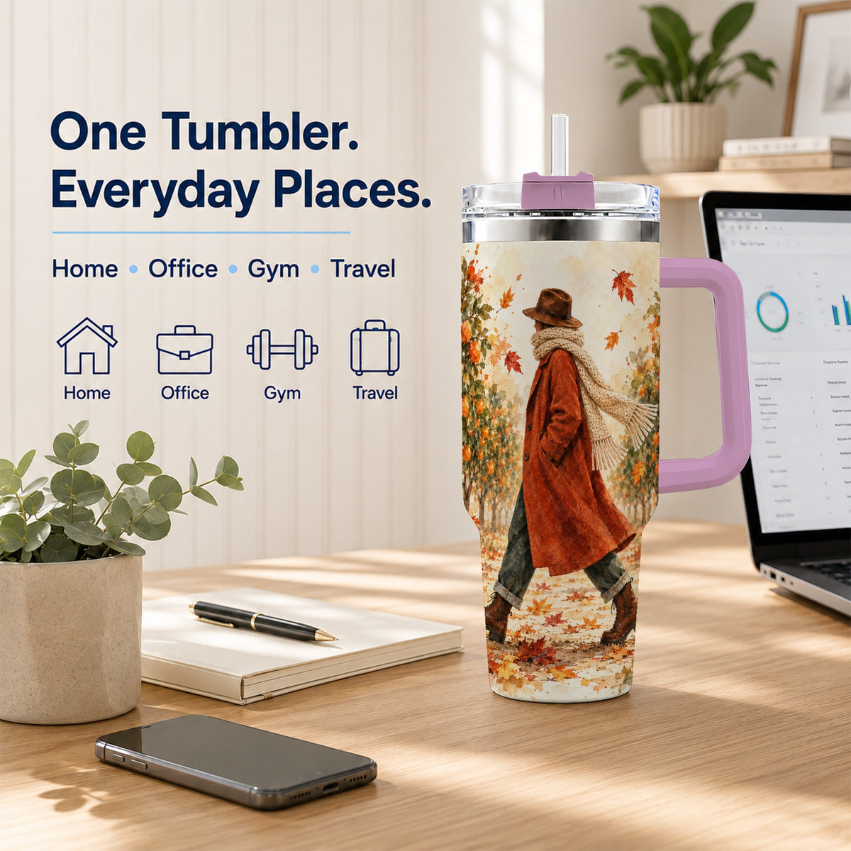#pl[40oz|Pink] Citrus Orchard 40oz Tumbler with Handle, Watercolor Autumn Travel Cup
