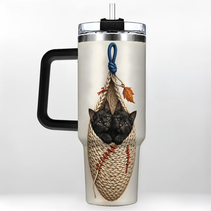 #pl[40oz|Black] Black Kittens 40oz Tumbler with Handle, Cat Basket Travel Cup