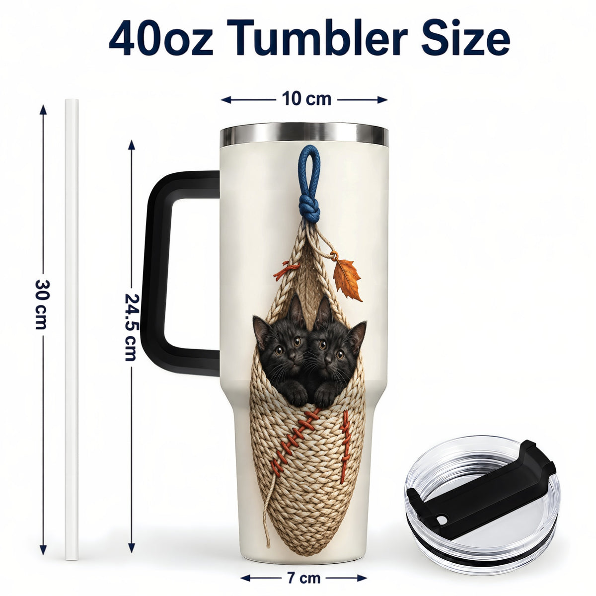 #pl[40oz|Black] Black Kittens 40oz Tumbler with Handle, Cat Basket Travel Cup