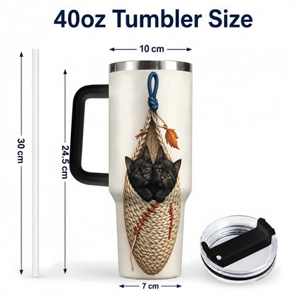 #pl[40oz|Black] Black Kittens 40oz Tumbler with Handle, Cat Basket Travel Cup
