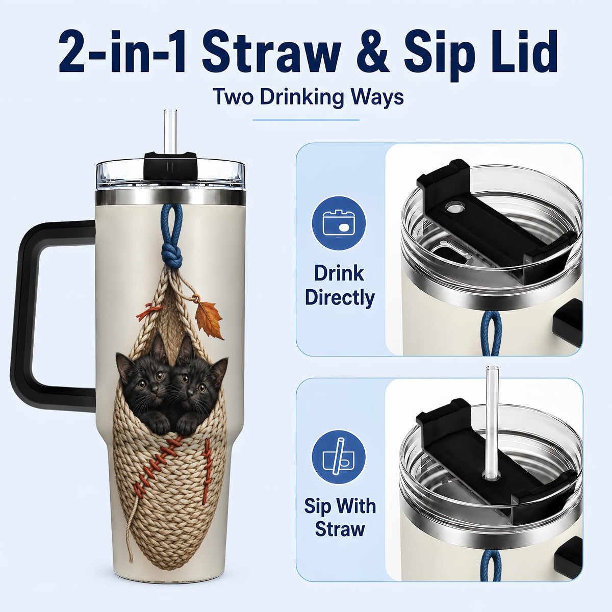 #pl[40oz|Black] Black Kittens 40oz Tumbler with Handle, Cat Basket Travel Cup