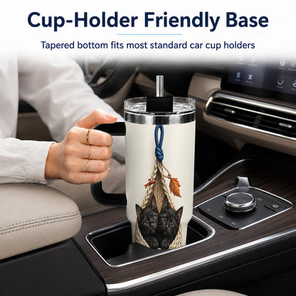 #pl[40oz|Black] Black Kittens 40oz Tumbler with Handle, Cat Basket Travel Cup