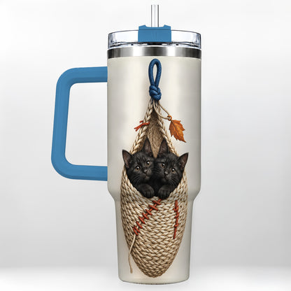 #pl[40oz|Blue] Black Kittens 40oz Tumbler with Handle, Cat Basket Travel Cup
