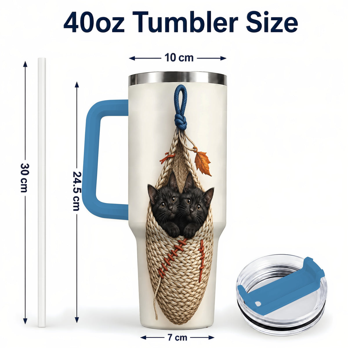 #pl[40oz|Blue] Black Kittens 40oz Tumbler with Handle, Cat Basket Travel Cup