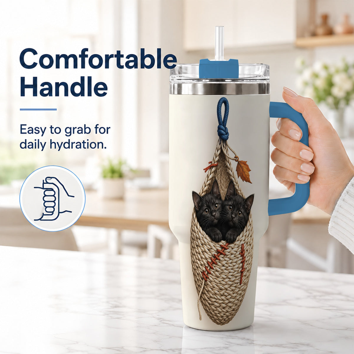 #pl[40oz|Blue] Black Kittens 40oz Tumbler with Handle, Cat Basket Travel Cup