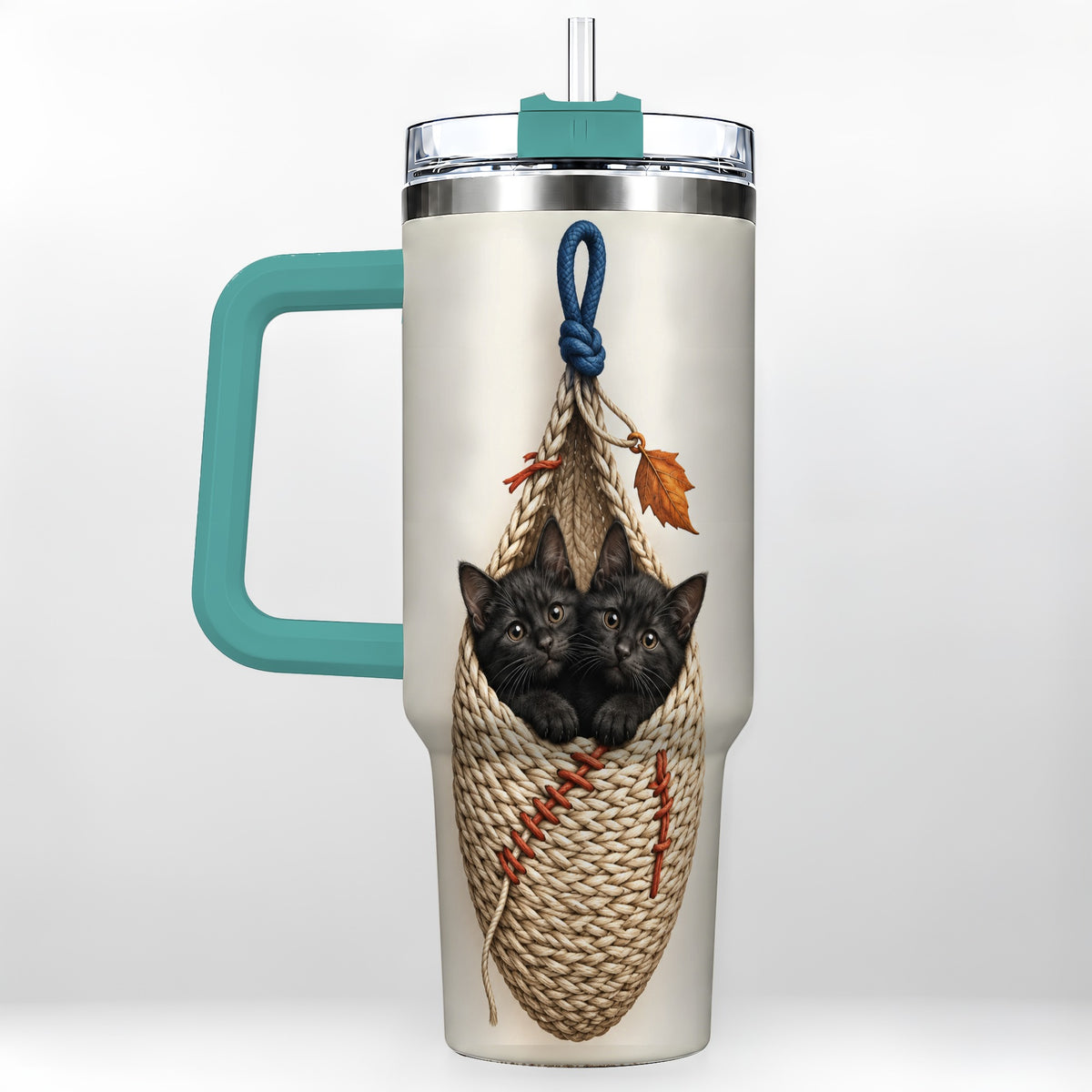 #pl[40oz|Green] Black Kittens 40oz Tumbler with Handle, Cat Basket Travel Cup