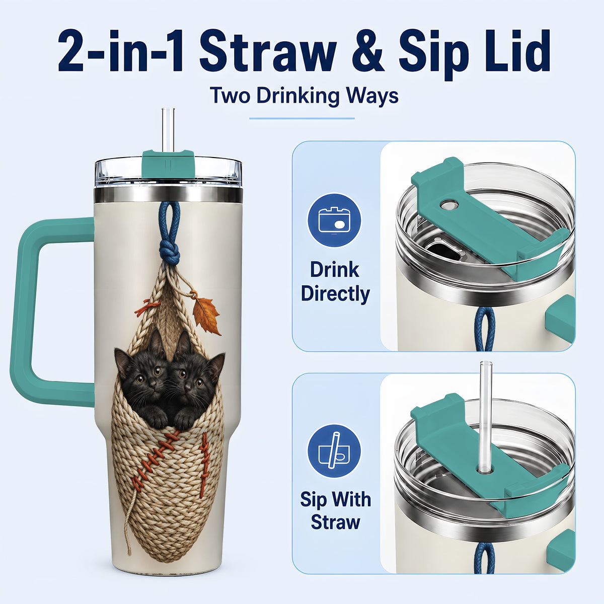 #pl[40oz|Green] Black Kittens 40oz Tumbler with Handle, Cat Basket Travel Cup