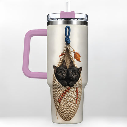 #pl[40oz|Pink] Black Kittens 40oz Tumbler with Handle, Cat Basket Travel Cup