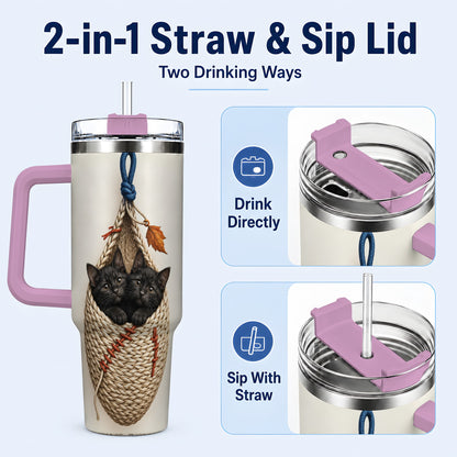 #pl[40oz|Pink] Black Kittens 40oz Tumbler with Handle, Cat Basket Travel Cup