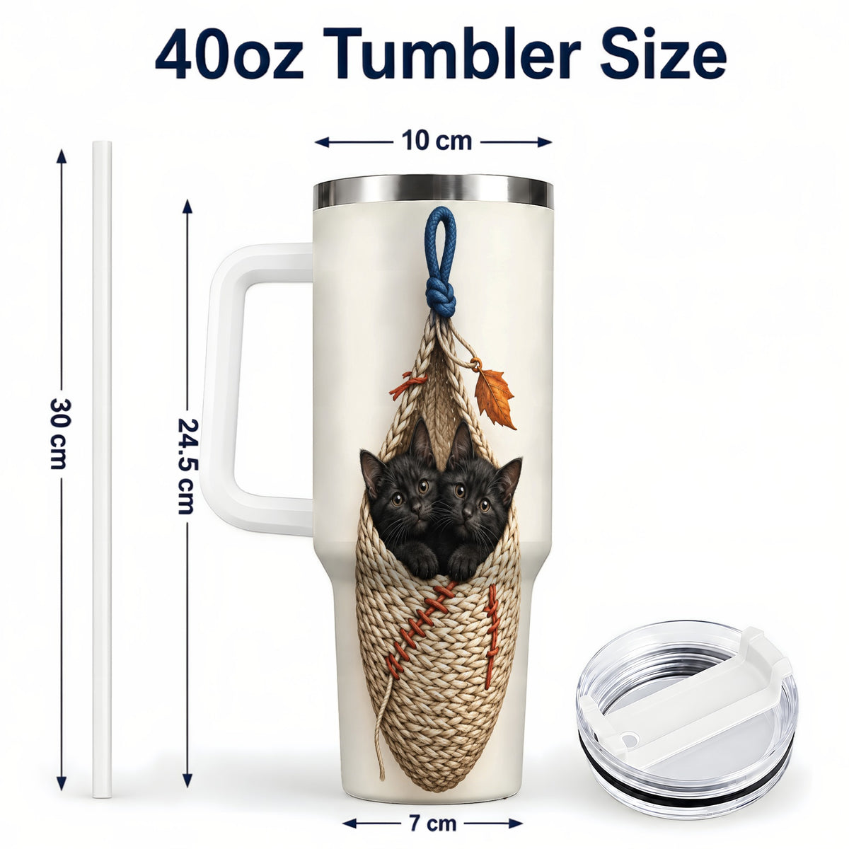#pl[40oz|White] Black Kittens 40oz Tumbler with Handle, Cat Basket Travel Cup