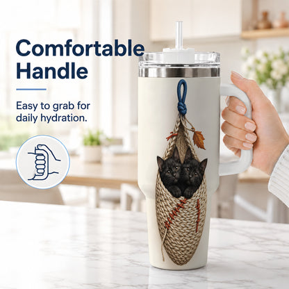 #pl[40oz|White] Black Kittens 40oz Tumbler with Handle, Cat Basket Travel Cup