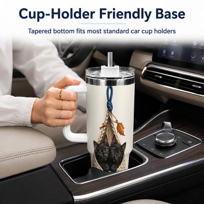 #pl[40oz|White] Black Kittens 40oz Tumbler with Handle, Cat Basket Travel Cup