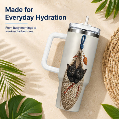 #pl[40oz|White] Black Kittens 40oz Tumbler with Handle, Cat Basket Travel Cup