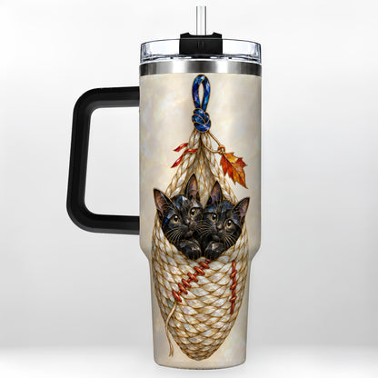 #pl[40oz|Black] Stained Glass Cats 40oz Tumbler with Handle, Cat Basket Travel Cup