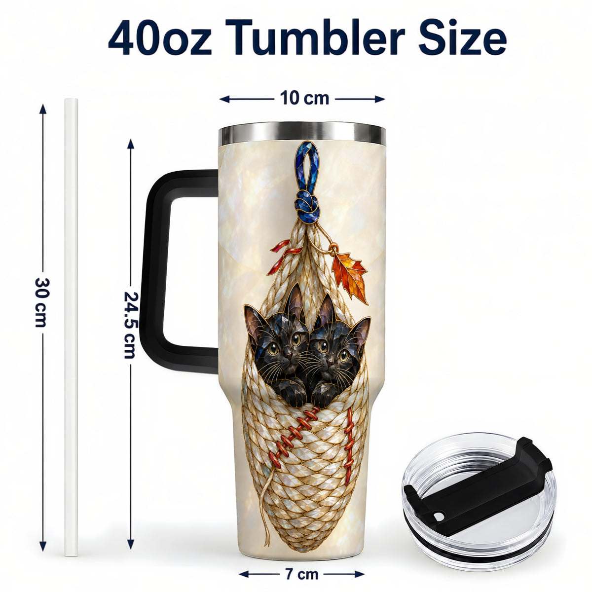 #pl[40oz|Black] Stained Glass Cats 40oz Tumbler with Handle, Cat Basket Travel Cup