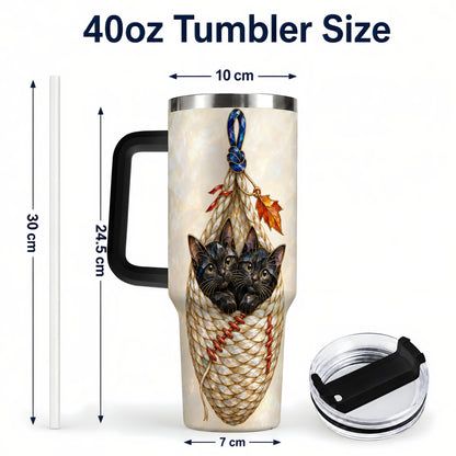 #pl[40oz|Black] Stained Glass Cats 40oz Tumbler with Handle, Cat Basket Travel Cup