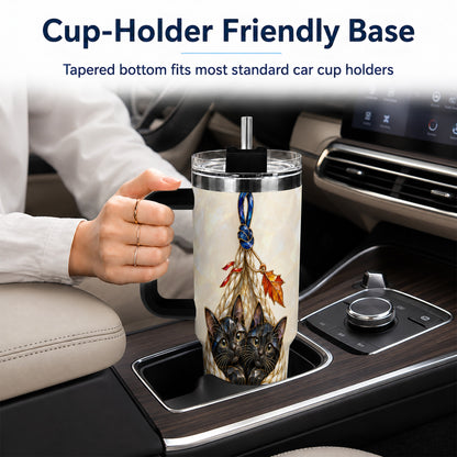 #pl[40oz|Black] Stained Glass Cats 40oz Tumbler with Handle, Cat Basket Travel Cup
