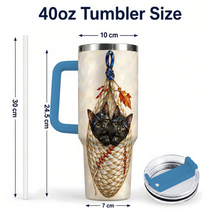 #pl[40oz|Blue] Stained Glass Cats 40oz Tumbler with Handle, Cat Basket Travel Cup