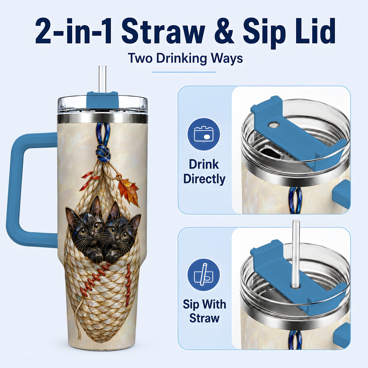 #pl[40oz|Blue] Stained Glass Cats 40oz Tumbler with Handle, Cat Basket Travel Cup