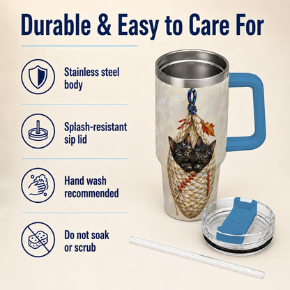 #pl[40oz|Blue] Stained Glass Cats 40oz Tumbler with Handle, Cat Basket Travel Cup