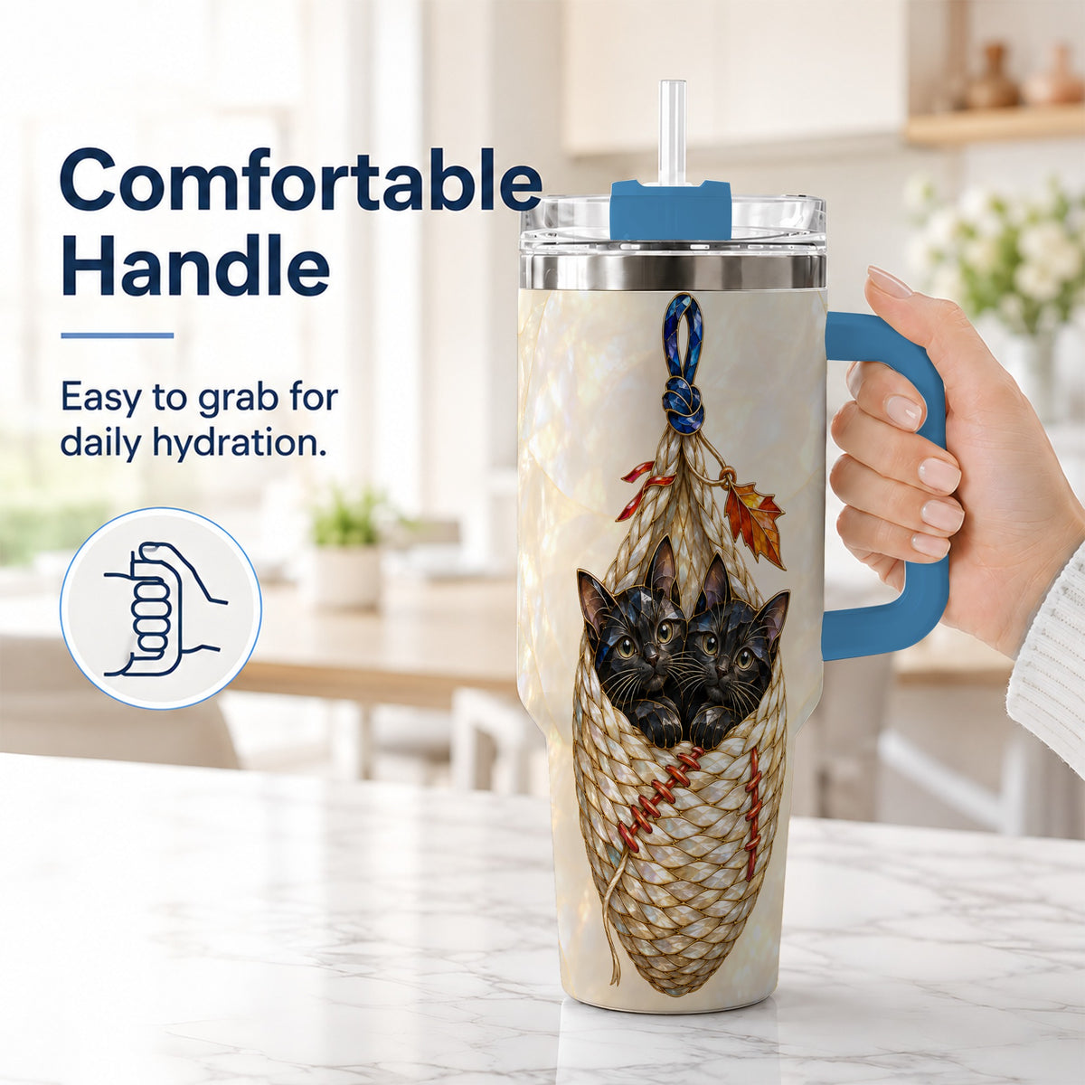 #pl[40oz|Blue] Stained Glass Cats 40oz Tumbler with Handle, Cat Basket Travel Cup