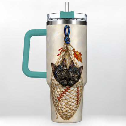 #pl[40oz|Green] Stained Glass Cats 40oz Tumbler with Handle, Cat Basket Travel Cup