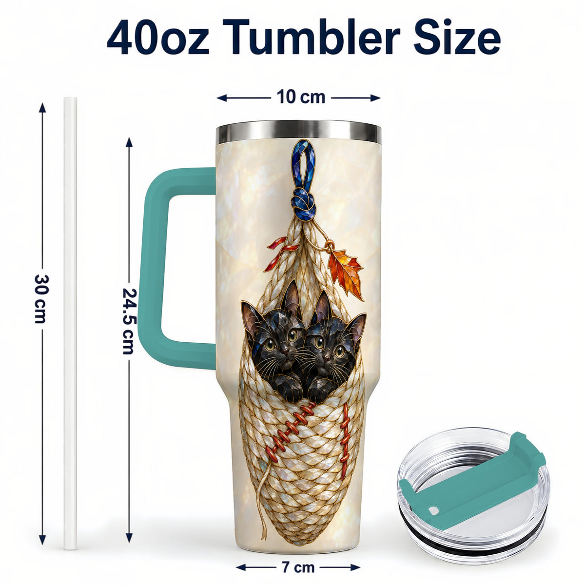 #pl[40oz|Green] Stained Glass Cats 40oz Tumbler with Handle, Cat Basket Travel Cup