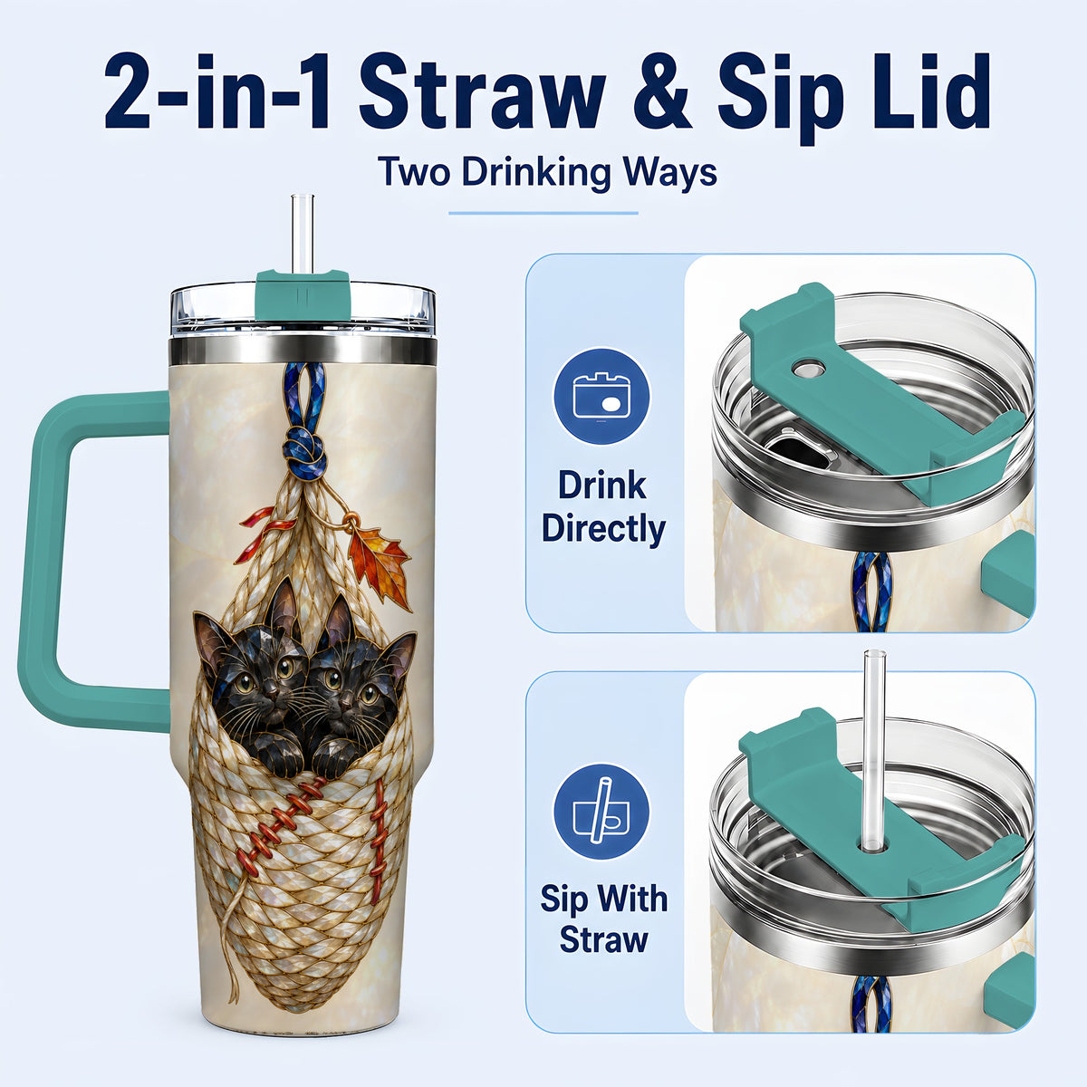 #pl[40oz|Green] Stained Glass Cats 40oz Tumbler with Handle, Cat Basket Travel Cup