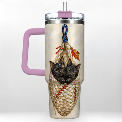#pl[40oz|Pink] Stained Glass Cats 40oz Tumbler with Handle, Cat Basket Travel Cup