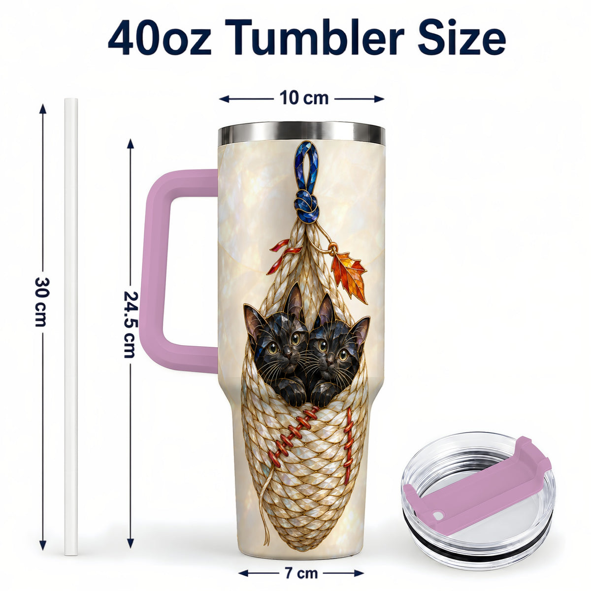 #pl[40oz|Pink] Stained Glass Cats 40oz Tumbler with Handle, Cat Basket Travel Cup