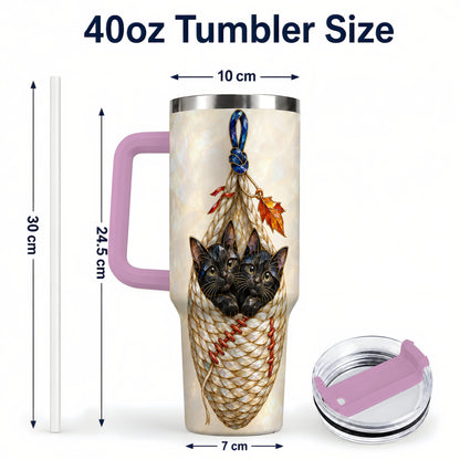 #pl[40oz|Pink] Stained Glass Cats 40oz Tumbler with Handle, Cat Basket Travel Cup