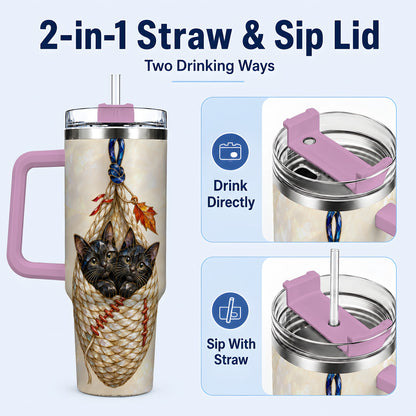 #pl[40oz|Pink] Stained Glass Cats 40oz Tumbler with Handle, Cat Basket Travel Cup