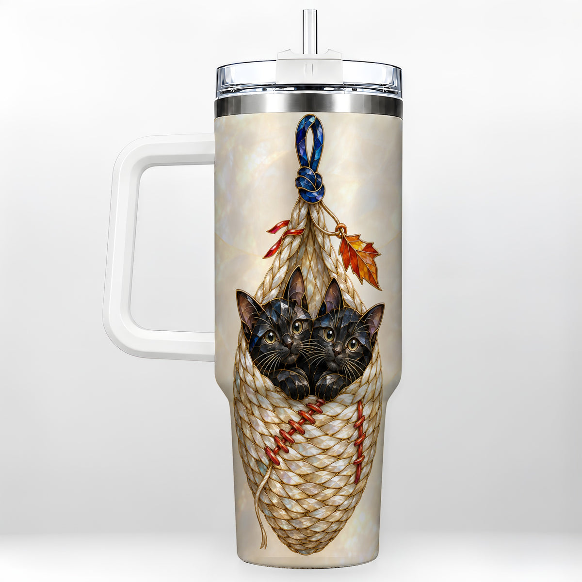 Stained Glass Cats 40oz Tumbler with Handle, Cat Basket Travel Cup