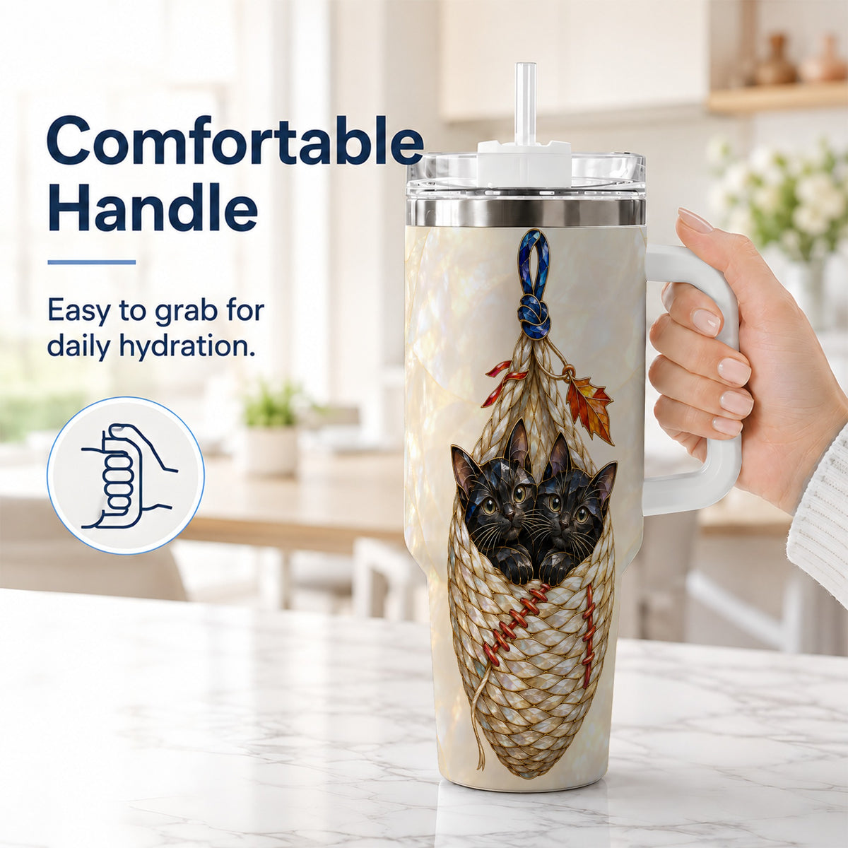 #pl[40oz|White] Stained Glass Cats 40oz Tumbler with Handle, Cat Basket Travel Cup