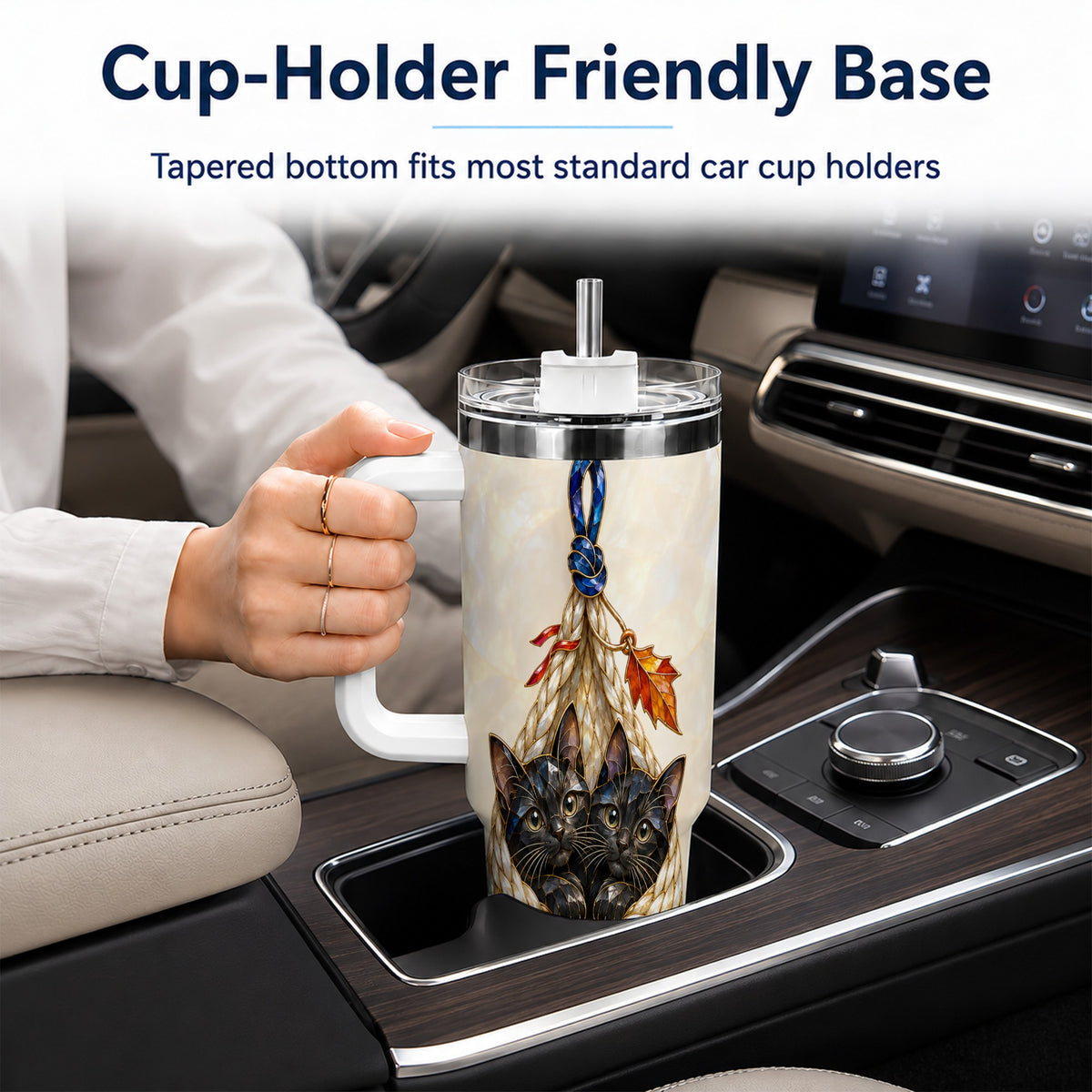 #pl[40oz|White] Stained Glass Cats 40oz Tumbler with Handle, Cat Basket Travel Cup