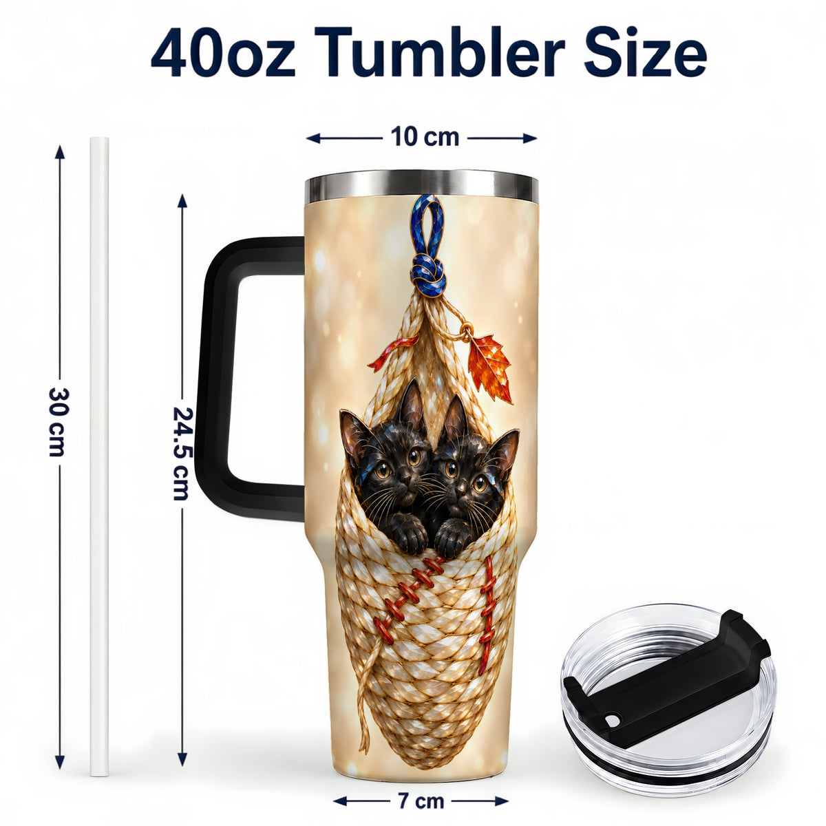 #pl[40oz|Black] Luminous Cats 40oz Tumbler with Handle, Cat Basket Travel Cup
