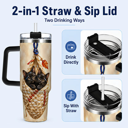#pl[40oz|Black] Luminous Cats 40oz Tumbler with Handle, Cat Basket Travel Cup