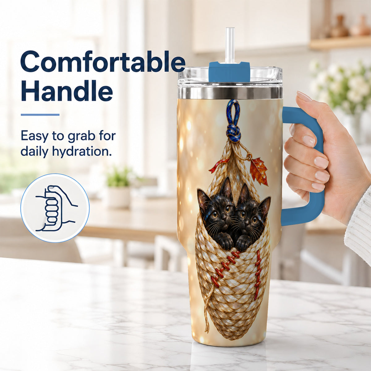 #pl[40oz|Blue] Luminous Cats 40oz Tumbler with Handle, Cat Basket Travel Cup