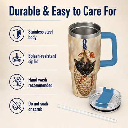 #pl[40oz|Blue] Luminous Cats 40oz Tumbler with Handle, Cat Basket Travel Cup