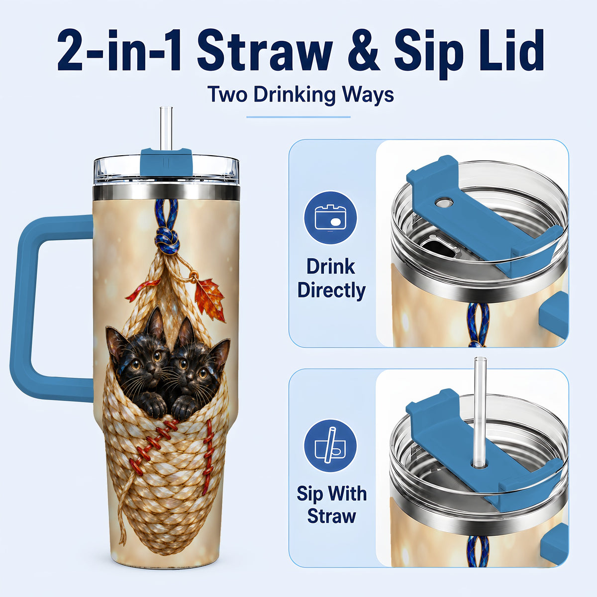 #pl[40oz|Blue] Luminous Cats 40oz Tumbler with Handle, Cat Basket Travel Cup