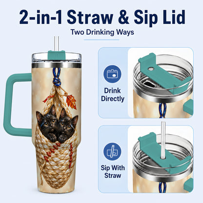 #pl[40oz|Green] Luminous Cats 40oz Tumbler with Handle, Cat Basket Travel Cup