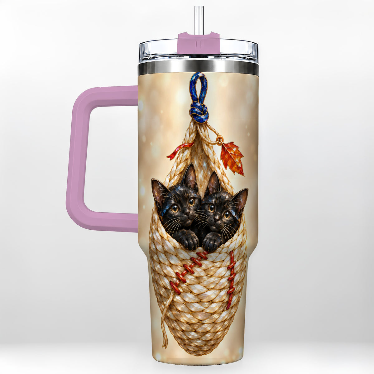 #pl[40oz|Pink] Luminous Cats 40oz Tumbler with Handle, Cat Basket Travel Cup