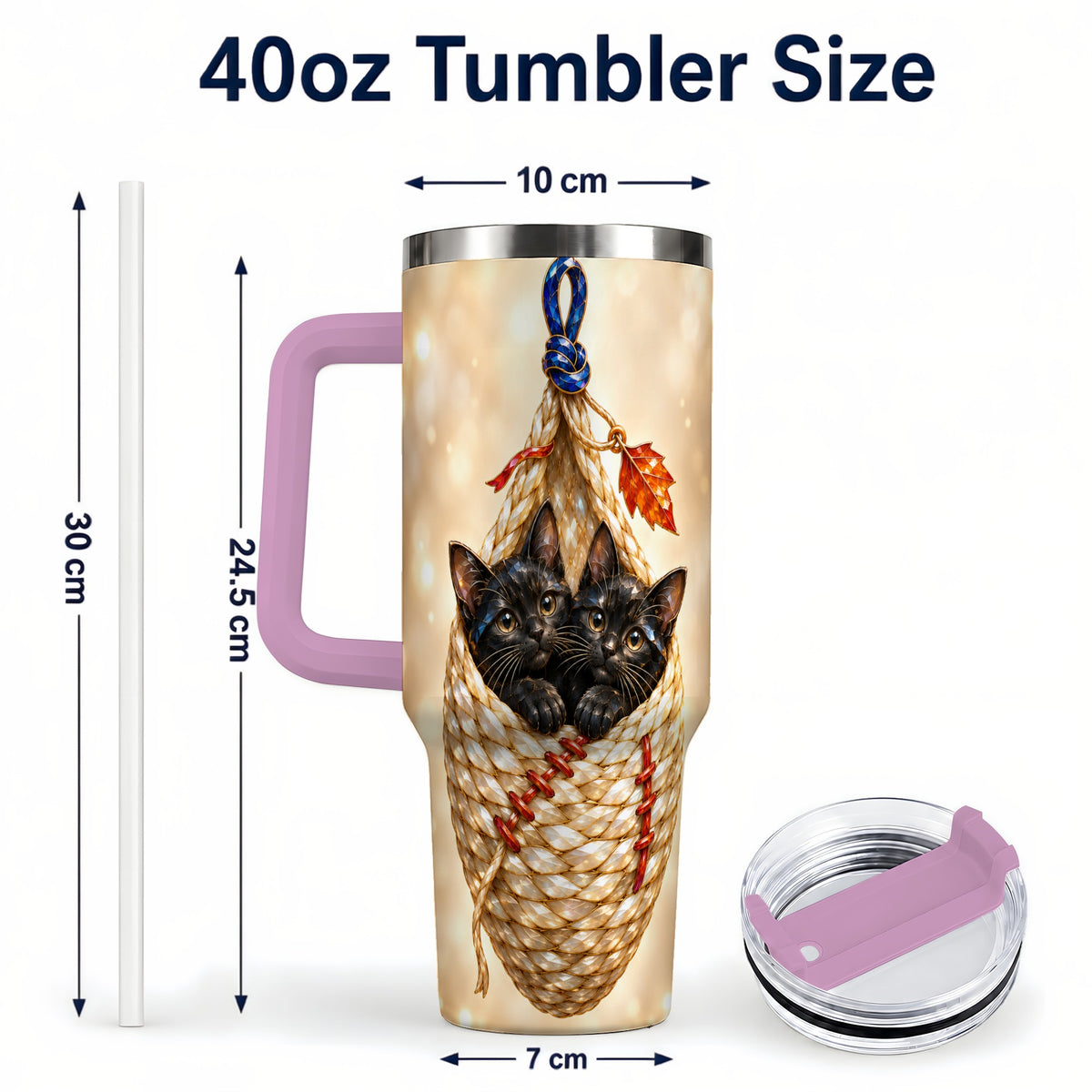 #pl[40oz|Pink] Luminous Cats 40oz Tumbler with Handle, Cat Basket Travel Cup