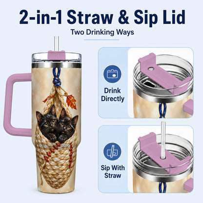 #pl[40oz|Pink] Luminous Cats 40oz Tumbler with Handle, Cat Basket Travel Cup