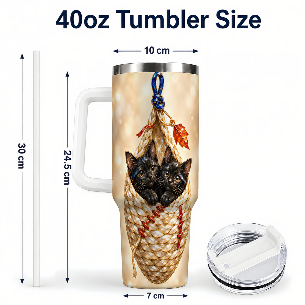 #pl[40oz|White] Luminous Cats 40oz Tumbler with Handle, Cat Basket Travel Cup