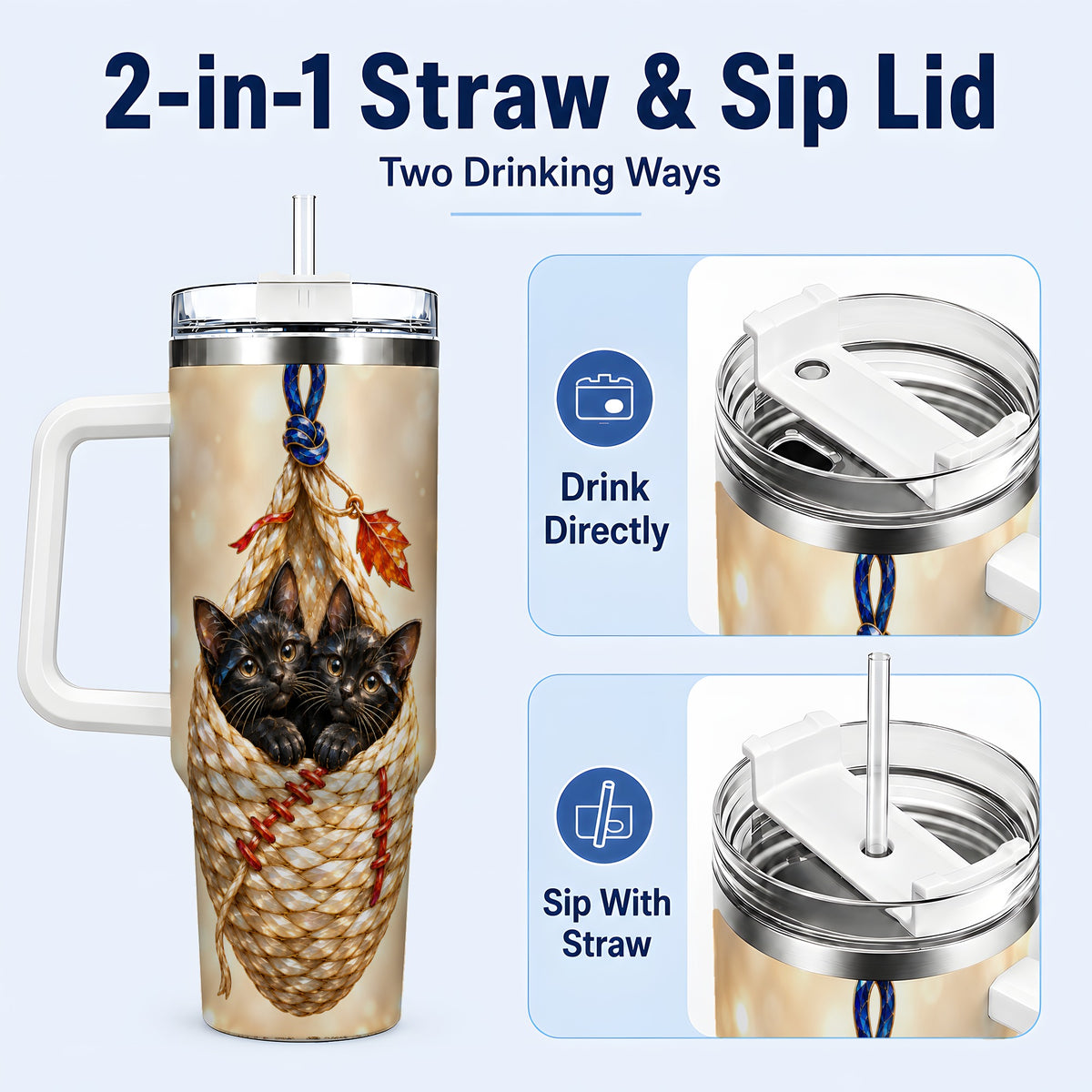 #pl[40oz|White] Luminous Cats 40oz Tumbler with Handle, Cat Basket Travel Cup