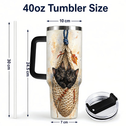 #pl[40oz|Black] Watercolor Cats 40oz Tumbler with Handle, Cat Basket Travel Cup