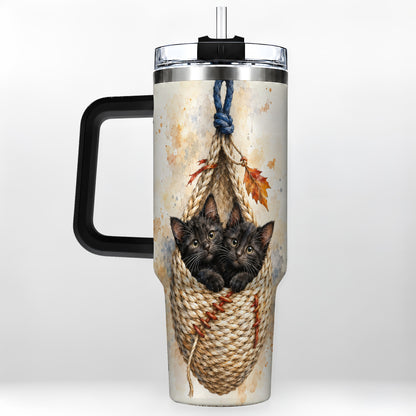 #pl[40oz|Black] Watercolor Cats 40oz Tumbler with Handle, Cat Basket Travel Cup