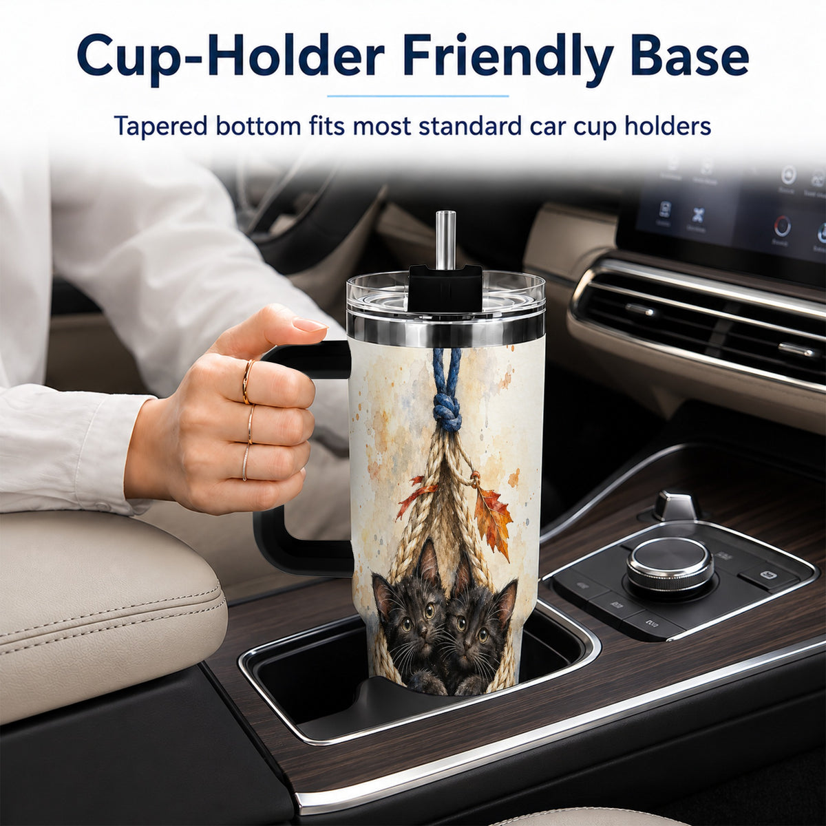 #pl[40oz|Black] Watercolor Cats 40oz Tumbler with Handle, Cat Basket Travel Cup
