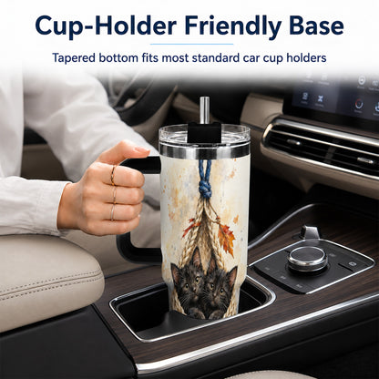 #pl[40oz|Black] Watercolor Cats 40oz Tumbler with Handle, Cat Basket Travel Cup